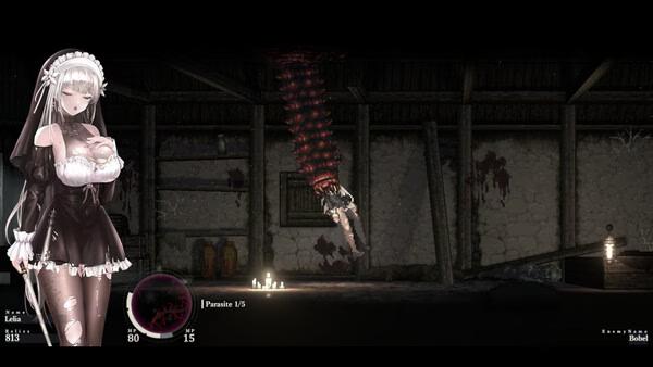 Screenshot from SiNiSistar 2 showing a character in a maid outfit in a dimly lit, eerie room with candles and bloodstains.
