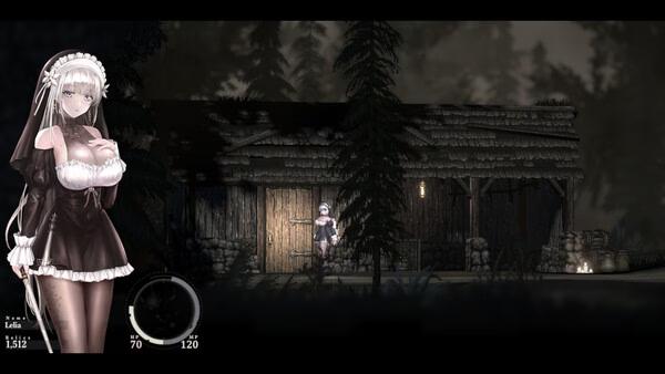 Screenshot from SiNiSistar 2: A character stands in front of a dimly lit wooden cabin surrounded by trees at night.