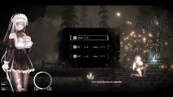 Screenshot from SiNiSistar 2 showing a character in a maid outfit next to a statue, with level stats displayed.
