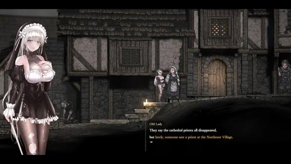 Screenshot from SiNiSistar 2 showing a maid character in a village setting, with dialogue from an old lady.