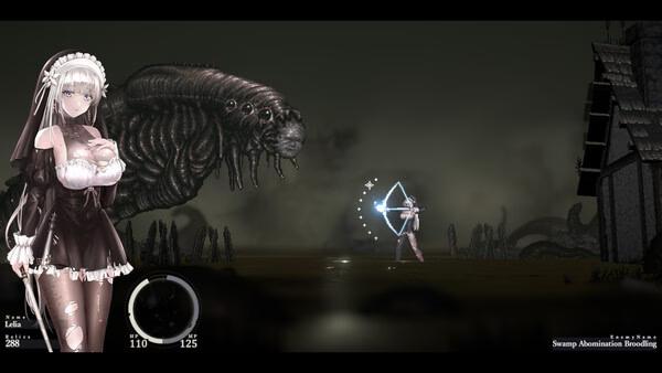 Screenshot from SiNiSistar 2 showing a character in a maid outfit facing a large swamp creature in a dark, eerie setting.