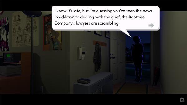 Screenshot from "The Roottrees are Dead" showing a silhouetted figure entering a dimly lit room, with dialogue about news and lawyers.