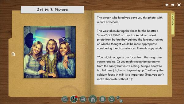 Screenshot of "The Roottrees are Dead" showing an in-game notebook open to a page with a photo and text about the Roottree sisters.