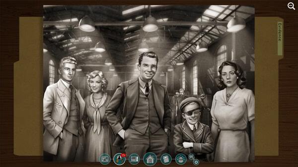 Screenshot from "The Roottrees are Dead" showing a sepia-toned photo of five people in formal attire inside a vintage factory setting.