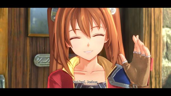 Screenshot of Trails in the Sky 1st Chapter showing a smiling character with long brown hair speaking to someone off-screen.