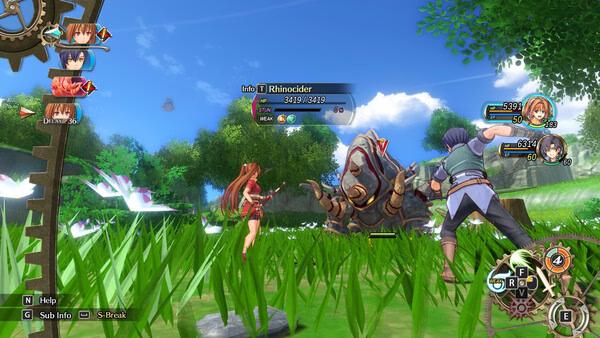 Screenshot from Trails in the Sky 1st Chapter showing characters battling a Rhinocider in a lush grassy field under a bright sky.