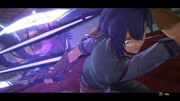 Screenshot from Trails in the Sky 1st Chapter showing a character attacking a monster with glowing blades in a dynamic battle scene.