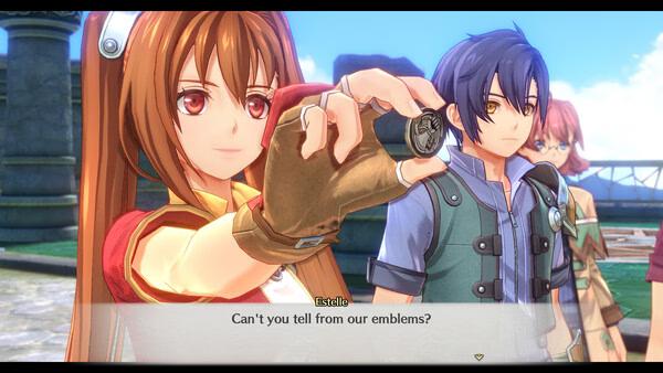Screenshot of Trails in the Sky 1st Chapter showing Estelle holding an emblem, with dialogue and characters in a scenic outdoor setting.