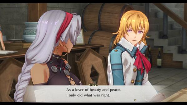 Screenshot from Trails in the Sky 1st Chapter showing two characters, Olivier and Scherazard, conversing in a rustic setting.