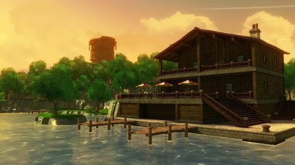 Screenshot from Trails in the Sky 1st Chapter showing a lakeside wooden building with docks, trees, and a distant stone tower at sunset.