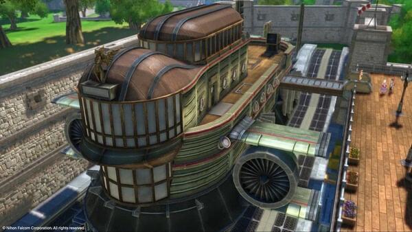 Screenshot from Trails in the Sky 1st Chapter showing a large airship docked near stone walls and a green, tree-filled background.