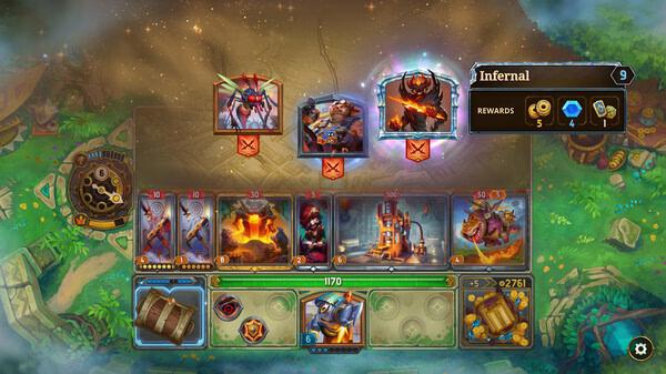 Screenshot of gameplay from The Bazaar featuring cards, resources, and an Infernal enemy with rewards displayed.