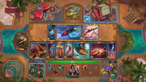 Screenshot of 'The Bazaar': game board showing various cards, including weapons and characters, surrounded by tropical decorations.