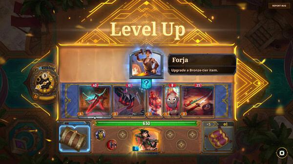 Screenshot from The Bazaar showing a "Level Up" notification with the character Forja and various game cards.