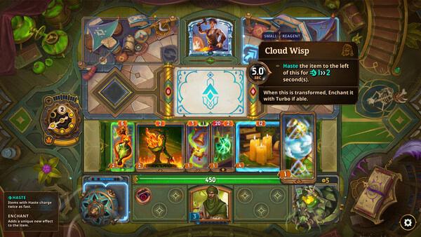 Screenshot from The Bazaar game showing a player’s card hand with Cloud Wisp's details highlighted on the board.