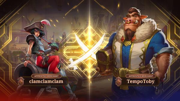 Screenshot from "The Bazaar" shows Apprentice Merchants clamclamclam and TempoToby facing off in a vibrant, ornate setting.