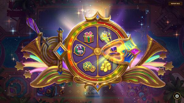 Screenshot from 'The Bazaar' showing a colorful prize wheel with various icons, including gifts and coins, on display.