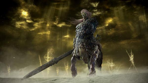 A screenshot from Elden Ring: NightReigns showing a towering armored figure holding a massive sword under a stormy, golden-lit sky.