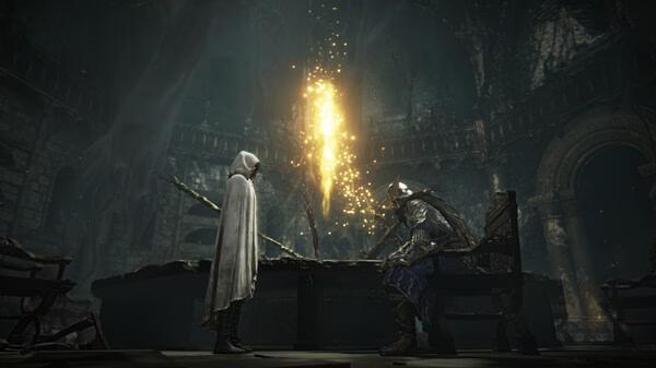 A screenshot from Elden Ring: NightReigns showing two characters in armor and cloaks facing each other in a dimly lit, ancient hall.