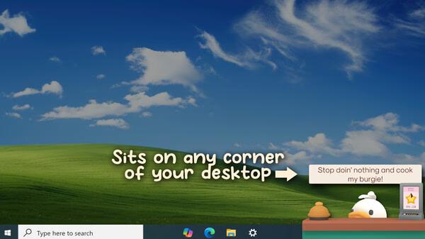 Screenshot of Burgie's Cozy Kitchen game. Burgie the duck encourages cooking burgers, sitting on the desktop corner.