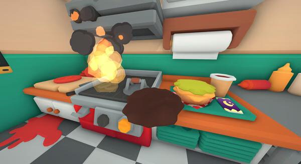 Burgie's Cozy Kitchen screenshot: A stove with a pan over flames, a burger on a counter, and condiments in a colorful kitchen.