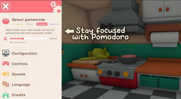 Screenshot of Burgie's Cozy Kitchen showing a stove and kitchen items with Pomodoro mode options on the left panel.