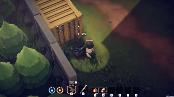 Escape From Duckov screenshot: Character in helmet next to a wooden crate and toolkit in grassy area, with health bar visible.