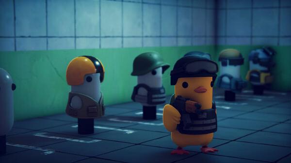 Screenshot from Escape From Duckov: A duck in tactical gear stands in a lineup with other armed characters in a tiled room.