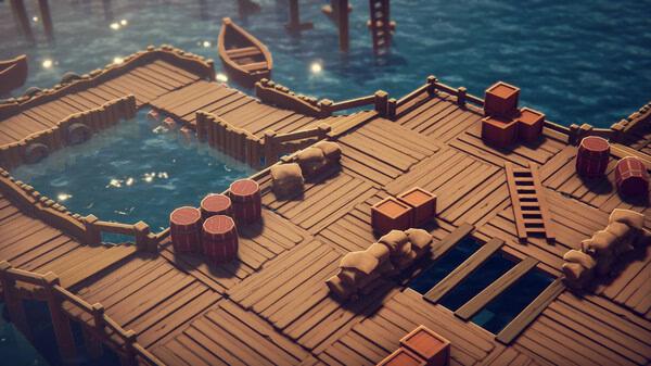 Escape From Duckov screenshot: A wooden dock with barrels, crates, and sacks surrounded by water under a bright sky.