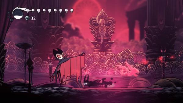 Hollow Knight screenshot: A character battles a shadowy foe in a pink-lit arena with ornate, glowing background structures.