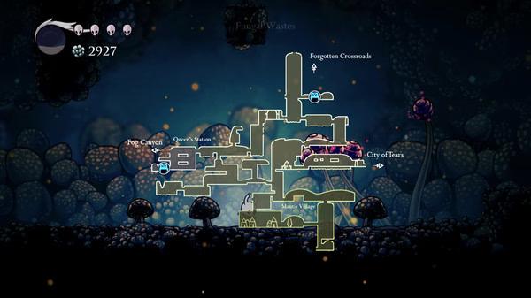 Screenshot from Hollow Knight showing the in-game map with various locations like Forgotten Crossroads and City of Tears highlighted.
