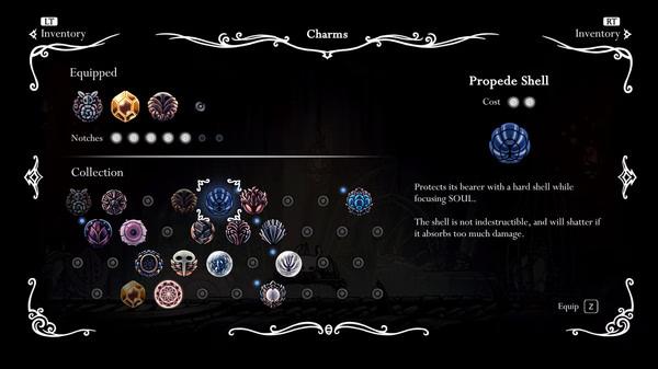 Hollow Knight screenshot: A charm menu displays various equipped and collectible charms, including the Propede Shell with its description.