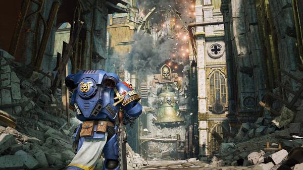Warhammer 40,000: Space Marine 2 screenshot showing a Space Marine in blue armor amidst a ruined cathedral under attack.