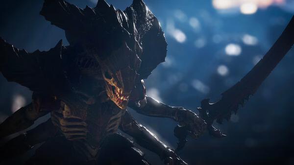 Screenshot from Warhammer 40,000: Space Marine 2 showing a fearsome alien creature wielding a large, curved sword.
