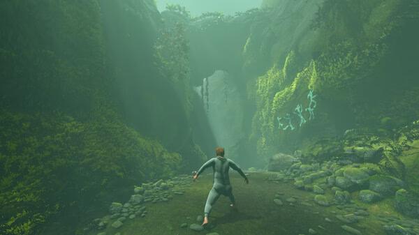 Screenshot from Baby Steps showing a character in a gray jumpsuit walking through a lush, green canyon with glowing symbols.