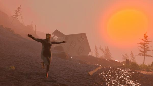 Screenshot from Baby Steps game shows a character stumbling downhill near a tilted house, with a vibrant sunset in the background.