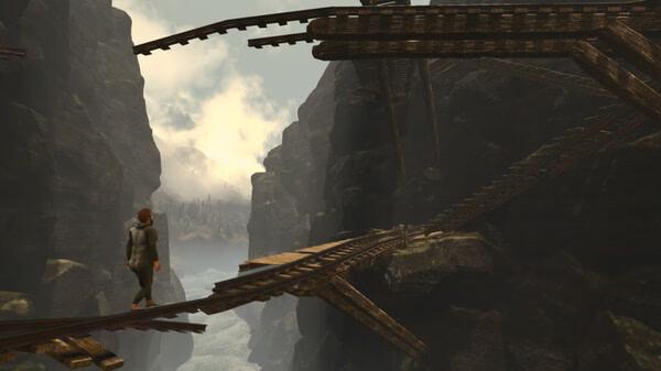 Screenshot from Baby Steps showing a character walking on a narrow, broken bridge over a foggy canyon surrounded by cliffs.
