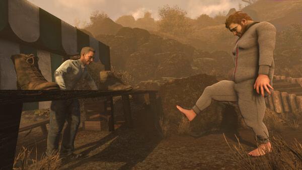 Screenshot from Baby Steps: A man in pajamas lifts his leg near a table with shoes, while another man watches in a rocky, outdoor setting.