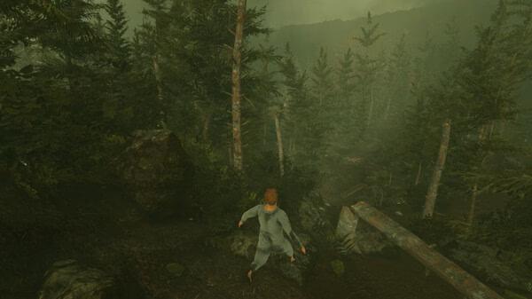 Screenshot from Baby Steps showing a character carefully walking down a steep, forested slope surrounded by tall trees.