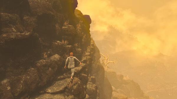 Screenshot from 'Baby Steps': A character walks along a narrow path on a rocky cliff, surrounded by a hazy, golden landscape.