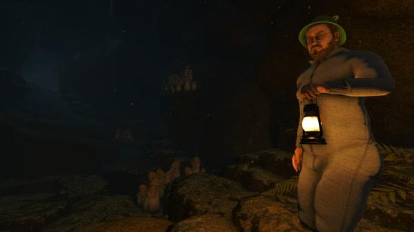 Screenshot from Baby Steps: A character in a gray suit and green hat holds a lantern in a dimly lit cave with stone formations.