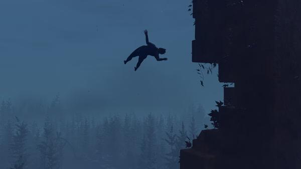 Screenshot from Baby Steps showing a character mid-air after leaping from a cliff, with a misty forest backdrop.