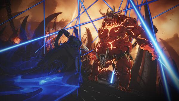 Screenshot from Solo Leveling: ARISE OVERDRIVE showing a warrior attacking a fiery demon amid glowing blue energy beams.