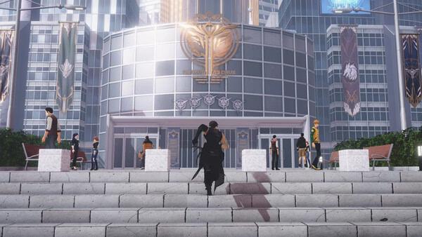 Solo Leveling: ARISE OVERDRIVE screenshot; a character walks up steps toward a large building with banners and other people around.