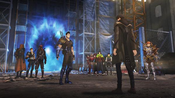 Screenshot from Solo Leveling: ARISE OVERDRIVE showing a tense standoff between armed characters in a warehouse with a glowing portal.