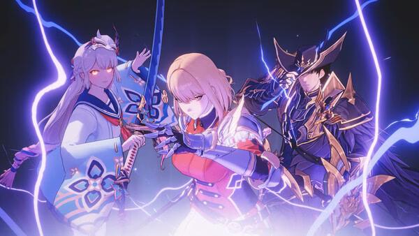 Screenshot from Solo Leveling: ARISE OVERDRIVE showing three characters in dynamic poses surrounded by glowing effects.