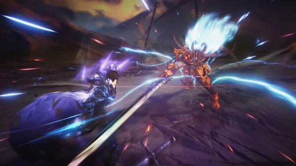 Screenshot from Solo Leveling: ARISE OVERDRIVE showing a dynamic battle between two armored characters with glowing weapons and effects.