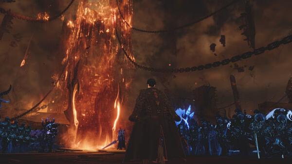 A screenshot from Solo Leveling: ARISE OVERDRIVE showing a cloaked character facing a fiery tower surrounded by chains and enemies.
