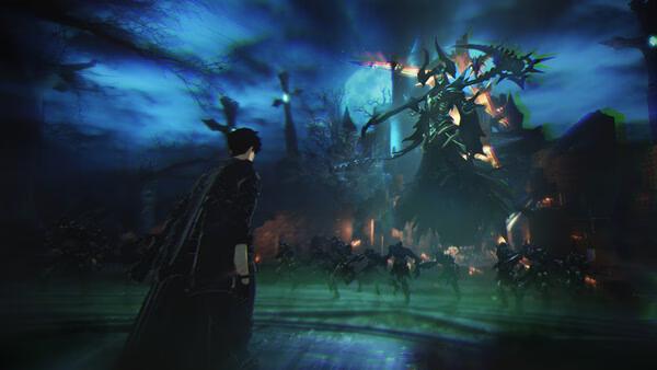 Screenshot from Solo Leveling: ARISE OVERDRIVE showing a lone hero facing a towering dark figure surrounded by shadowy creatures.