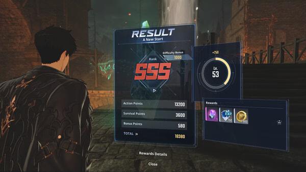 Solo Leveling: ARISE OVERDRIVE screenshot showing a player character facing a game result screen with an SSS rank and rewards.